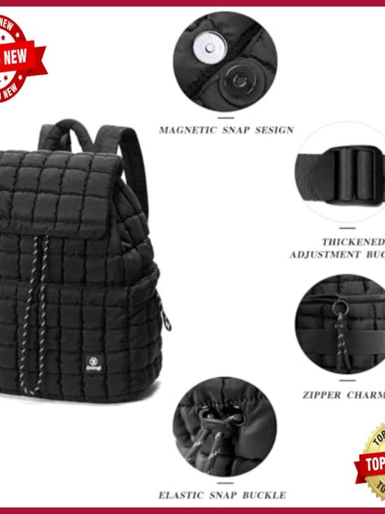 Quilted Puff Backpack Set with Wristlet Bag for Travel Work Gym
